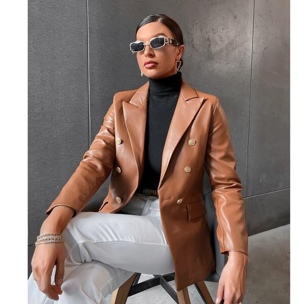 

Solid Double Breasted PU Blazer, Brown