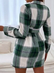 Đầm Thắt lưng Nút phía trước Sọc ca rô Giải trí - Nhiều màu - Xem 2