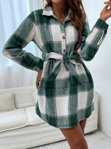 Đầm Thắt lưng Nút phía trước Sọc ca rô Giải trí - Nhiều màu - Xem 4