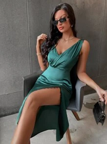 Đầm Tương phản ren màu trơn Gợi cảm - Màu xanh lá cây đậm - Xem 6