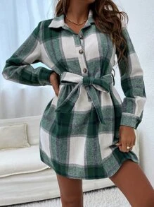 Đầm Thắt lưng Nút phía trước Sọc ca rô Giải trí - Nhiều màu - Xem 5