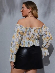 SHEIN Unity Plus Allover Floral Print Off The Shoulder Flounce Sleeve Blouse - Multicolor - View 2