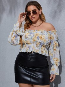 SHEIN Unity Plus Allover Floral Print Off The Shoulder Flounce Sleeve Blouse - Multicolor - View 3