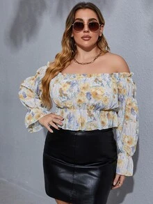 SHEIN Unity Plus Allover Floral Print Off The Shoulder Flounce Sleeve Blouse - Multicolor - View 4