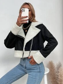 Teddy Lined Zip Up Suede Biker Jacket - Black and White - View 1