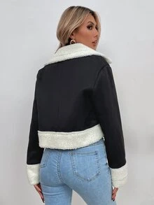 Teddy Lined Zip Up Suede Biker Jacket - Black and White - View 2