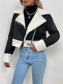 Teddy Lined Zip Up Suede Biker Jacket - Black and White - View 4