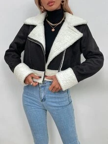 Teddy Lined Zip Up Suede Biker Jacket - Black and White - View 5