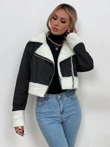 Teddy Lined Zip Up Suede Biker Jacket - Black and White - View 6