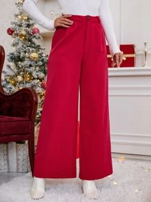 High Waist Plicated Detail Wide Leg Trousers - Red - View 1