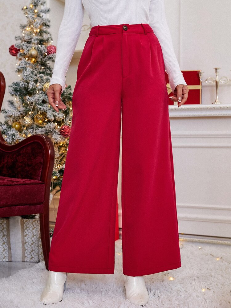 Pantalones de pierna ancha de talle alto con diseño fruncido - Rojo - Añade 4