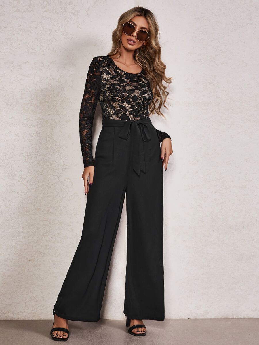 SHEIN 水溶蕾絲拼接腰帶闊腿連體褲 - 黑色 - 查看 1