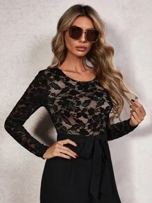 SHEIN 水溶蕾絲拼接腰帶闊腿連體褲 - 黑色 - 查看 3