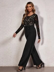 SHEIN 水溶蕾絲拼接腰帶闊腿連體褲 - 黑色 - 查看 4