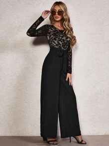 SHEIN 水溶蕾絲拼接腰帶闊腿連體褲 - 黑色 - 查看 5