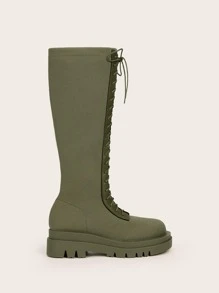 Knit Detail Lace-up Front Riding Boots - Army Green - View 3