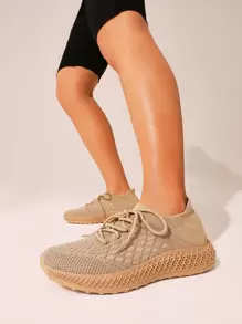 Quilted Knit Lace-up Running Shoes - Rust Brown - View 7