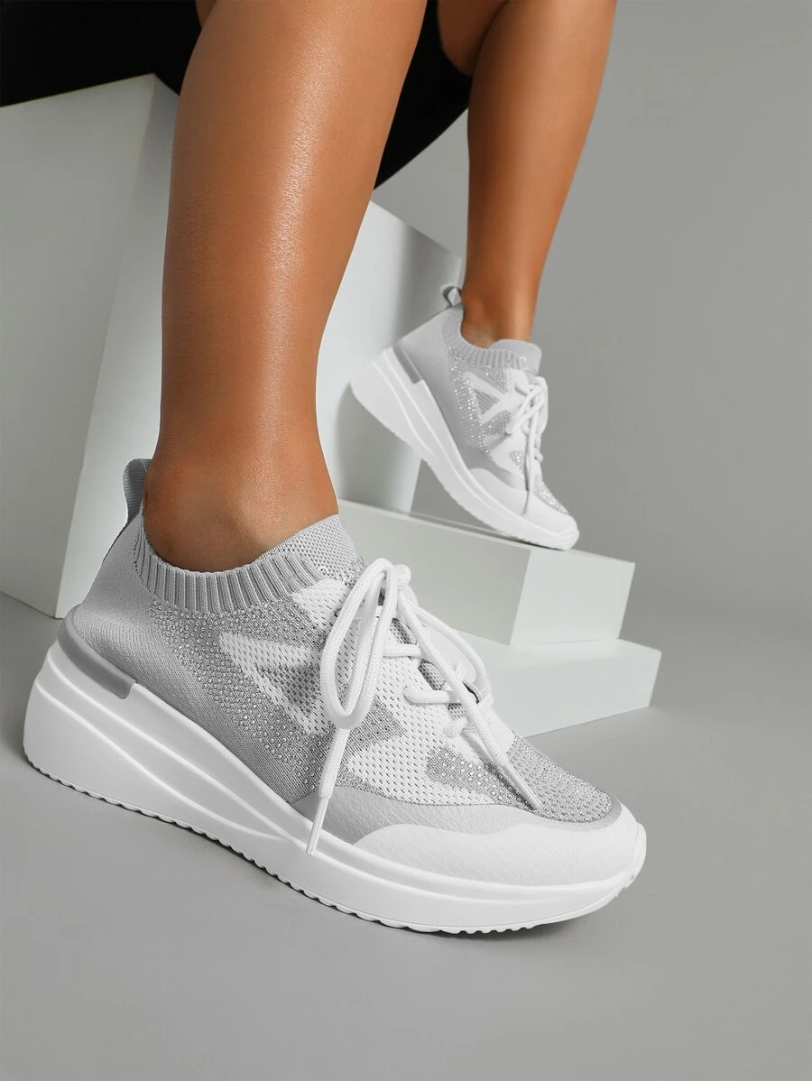 CUCCOO BASICS Two Tone Knit Wedge Sneakers - Grey - View 1