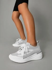 CUCCOO BASICS Two Tone Knit Wedge Sneakers - Grey - View 8