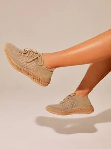 Quilted Knit Lace-up Running Shoes - Rust Brown - View 1