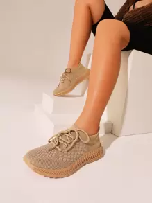 Quilted Knit Lace-up Running Shoes - Rust Brown - View 2