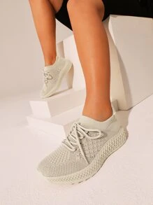 Cuccoo Quilted Knit Lace-up Running Shoes - Apricot - View 2