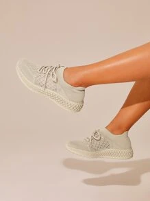 Cuccoo Quilted Knit Lace-up Running Shoes - Apricot - View 1