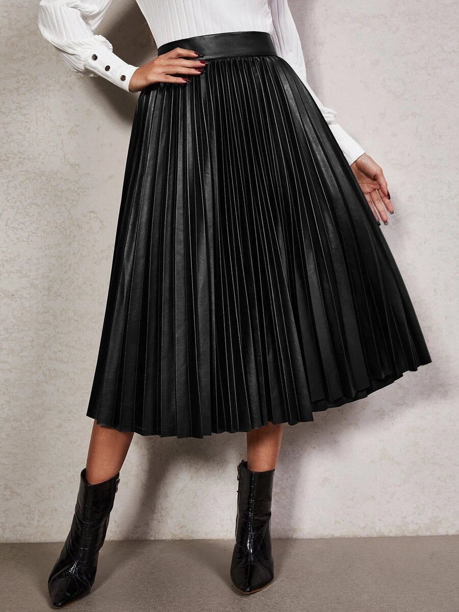 SHEIN High Waist PU Leather Pleated Skirt - Black - View 1
