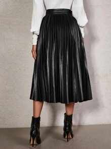 SHEIN High Waist PU Leather Pleated Skirt - Black - View 2