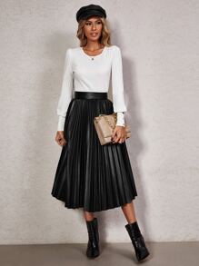 SHEIN High Waist PU Leather Pleated Skirt - Black - View 3