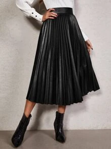 SHEIN High Waist PU Leather Pleated Skirt - Black - View 4