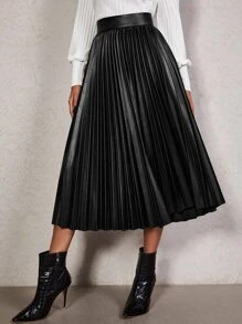 SHEIN High Waist PU Leather Pleated Skirt - Black - View 5