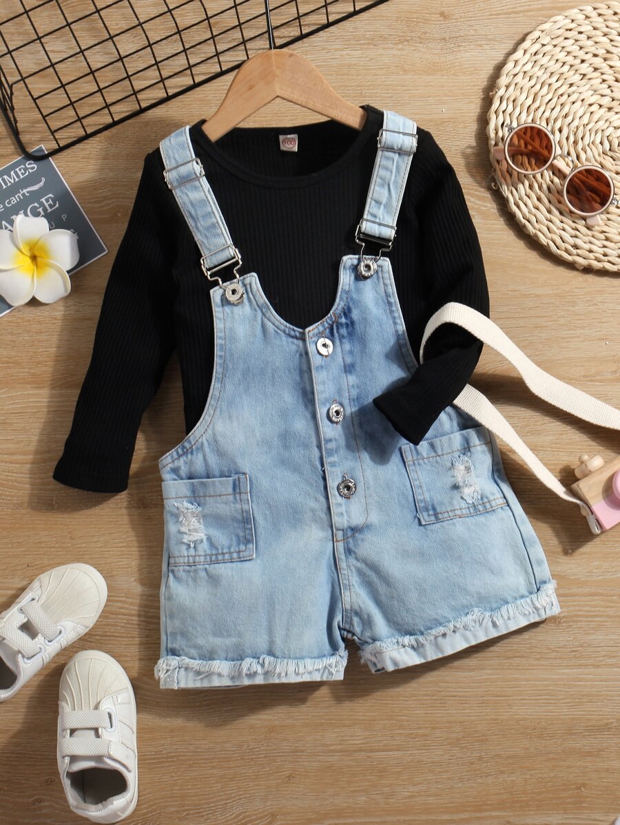 Young Girl Ripped Raw Cut Denim Overall & Tee - Multicolor - View 1