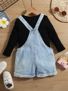 Young Girl Ripped Raw Cut Denim Overall & Tee - Multicolor - View 2