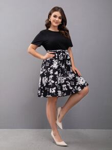 SHEIN LUNE 大碼印花繫腰帶洋裝 - 黑與白 - 查看 4