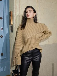 條紋針織套頭毛衣和小高領不對稱下擺針織斗篷 - 咖啡棕 - 查看 5