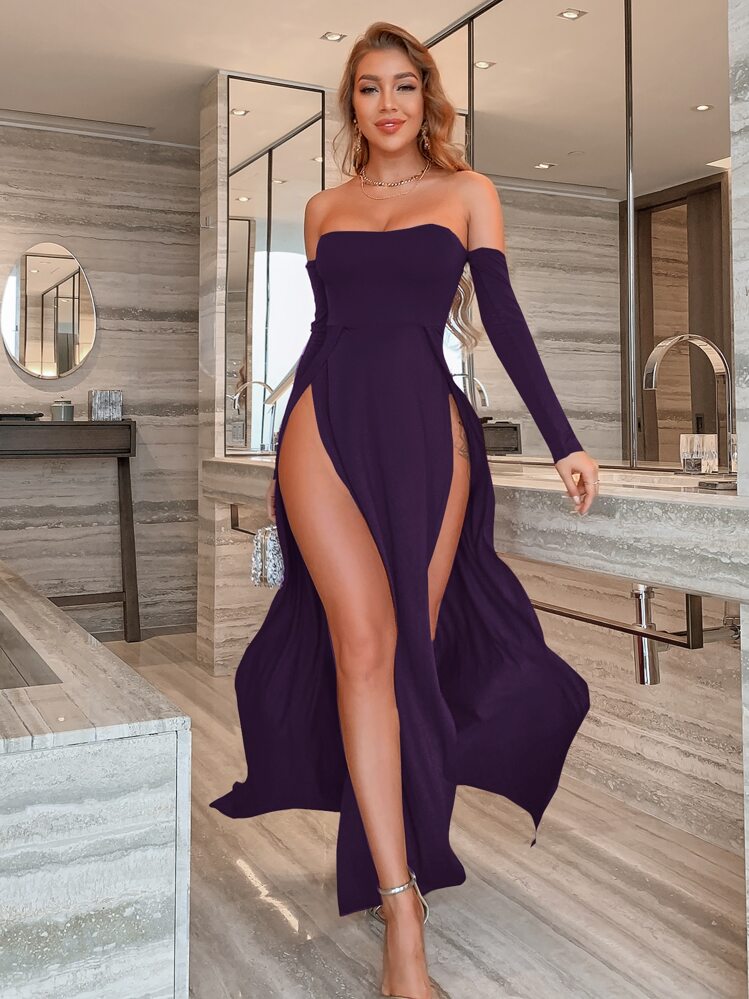 shein sxy off shoulder high split dress SHEIN SXY Off Shoulder High Split Dress