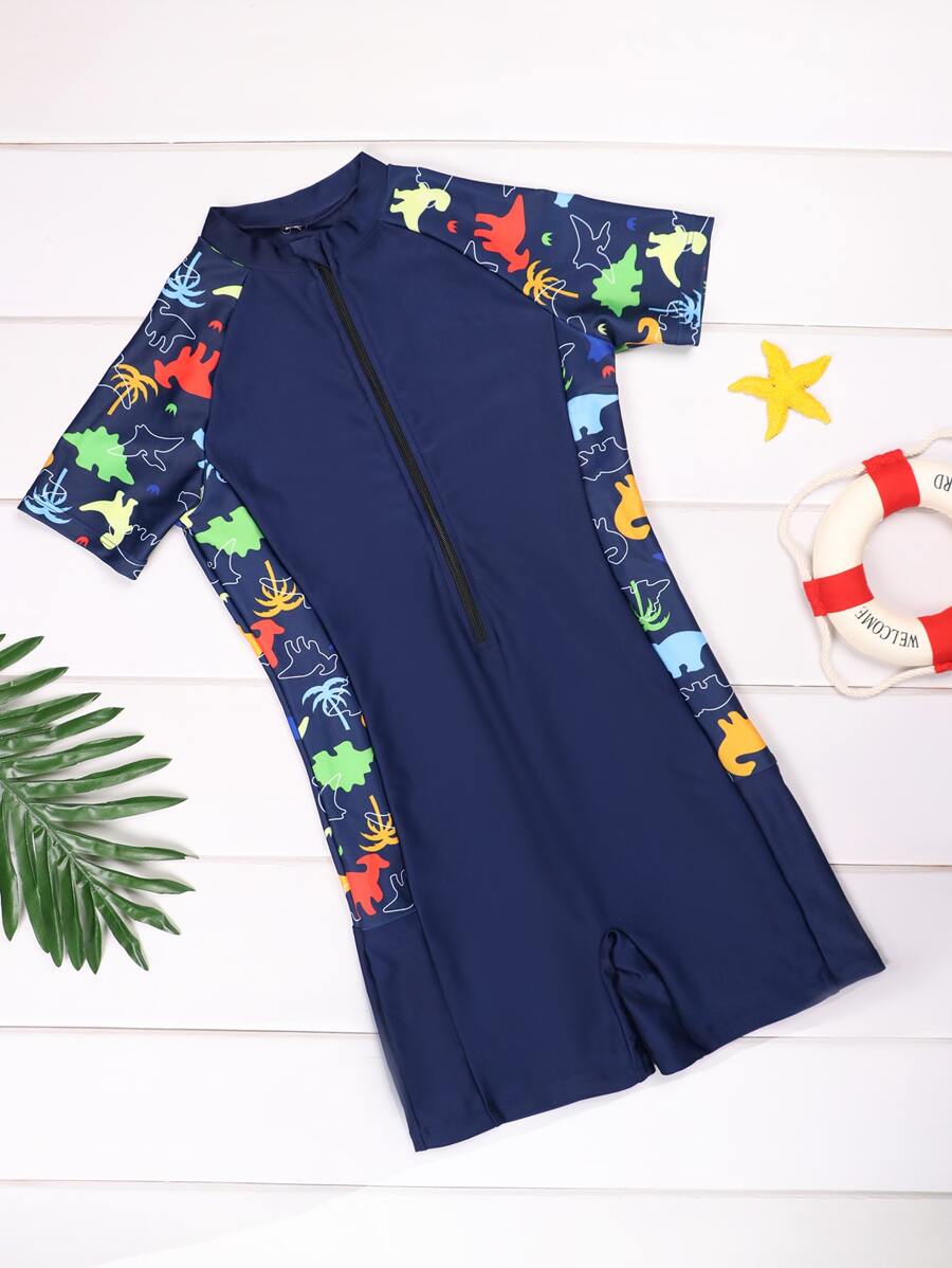 Boys Plant Print Zipper Front One Piece Swimsuit - Navy Blue - View 1