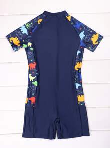 Boys Plant Print Zipper Front One Piece Swimsuit - Navy Blue - View 2