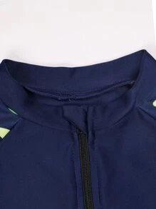 Boys Plant Print Zipper Front One Piece Swimsuit - Navy Blue - View 4