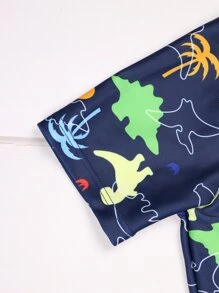 Boys Plant Print Zipper Front One Piece Swimsuit - Navy Blue - View 5