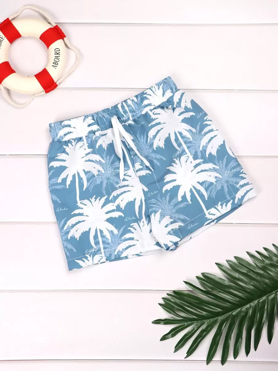 Young Boy Coconut Tree Print Swim Shorts - Dusty Blue - View 1