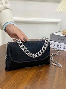 Mini Chain Decor Crocodile Embossed Flap Square Bag