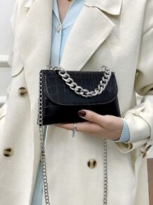 Mini Chain Decor Crocodile Embossed Flap Square Bag