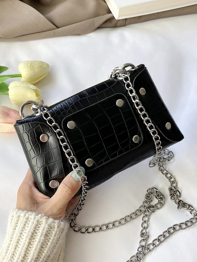 Bolsa cuadrada con diseño de cadena de cocodrilo en relieve con solapa - Negro - Añade 7
