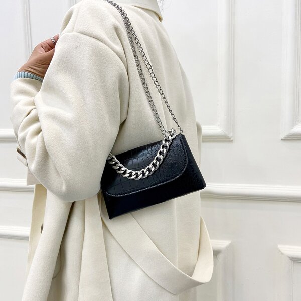 

Chain Decor Crocodile Embossed Flap Square Bag, Black