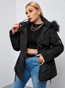 SHEIN Essnce Áo khoác trùm đầu có đệm lông cỡ lớn - màu đen - Xem 1