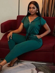 Zolique 拉錬連帽腰部抽繩連身褲 - 墨綠色 - 查看 3