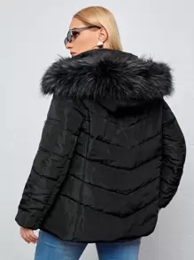 SHEIN Essnce Áo khoác trùm đầu có đệm lông cỡ lớn - màu đen - Xem 2