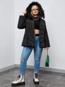 SHEIN Essnce Áo khoác trùm đầu có đệm lông cỡ lớn - màu đen - Xem 3